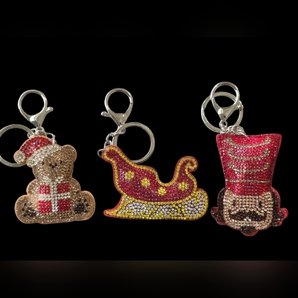 Rhinestone Christmas Bag Charm Keychain Set | Holiday Bling Accessories